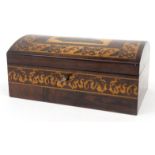 Tunbridge ware box with hinged lid decorated with a view of a King Charles spaniel seated on a