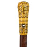 Georgian carved ivory walking stick/staff with silver inlay, dated 1702, 127cm long : For