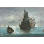 R. Volkof - Oil onto canvas view of rigged sailing ships before mountains, gilt framed, 74cm x