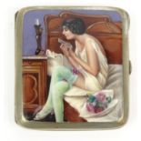 Edwardian silver metal cigarette case decorated with enamelled risqué lady seated on a bed doing her