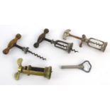 Selection of corkscrews including a Higgs & Smiths Liverpool brass example, the largest 14cm long :