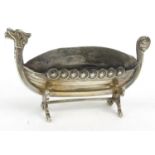 Novelty silver longboat pincushion, hallmarked Birmingham 1908-09, 11cm long :For Condition