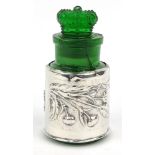 Embossed silver cased green glass scent bottle, W.H.S Birmingham 1904, 10.5cm high :For Condition