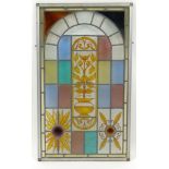 Leaded stained glass window with hand painted floral panels, 84cm x 48cm :For Condition Reports