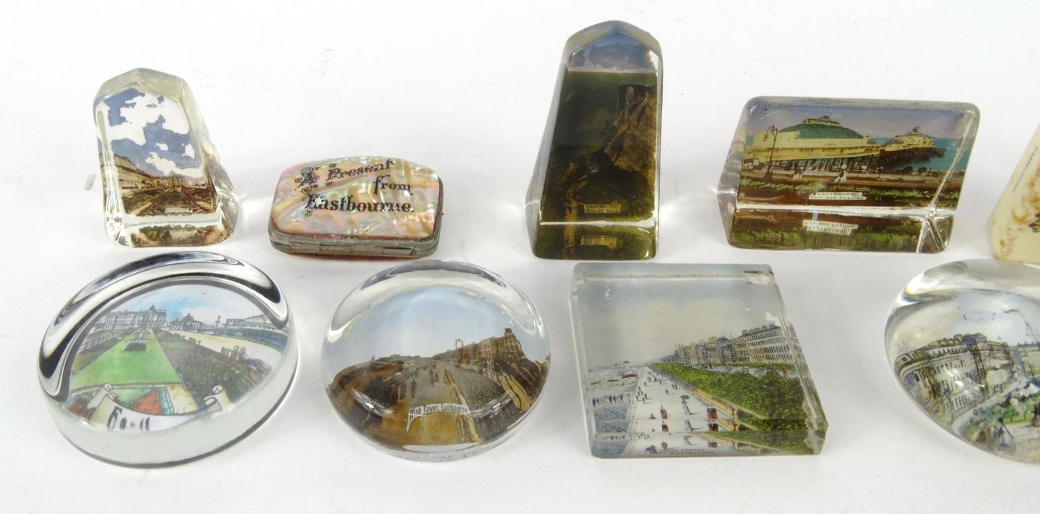 Selection of souvenir glass paperweights from Eastbourne, purse, matchbox holders and a glass ink - Image 3 of 3