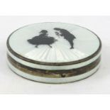 Circular silver and guilloche enamelled compact, the lid decorated with a view of a courting couple,