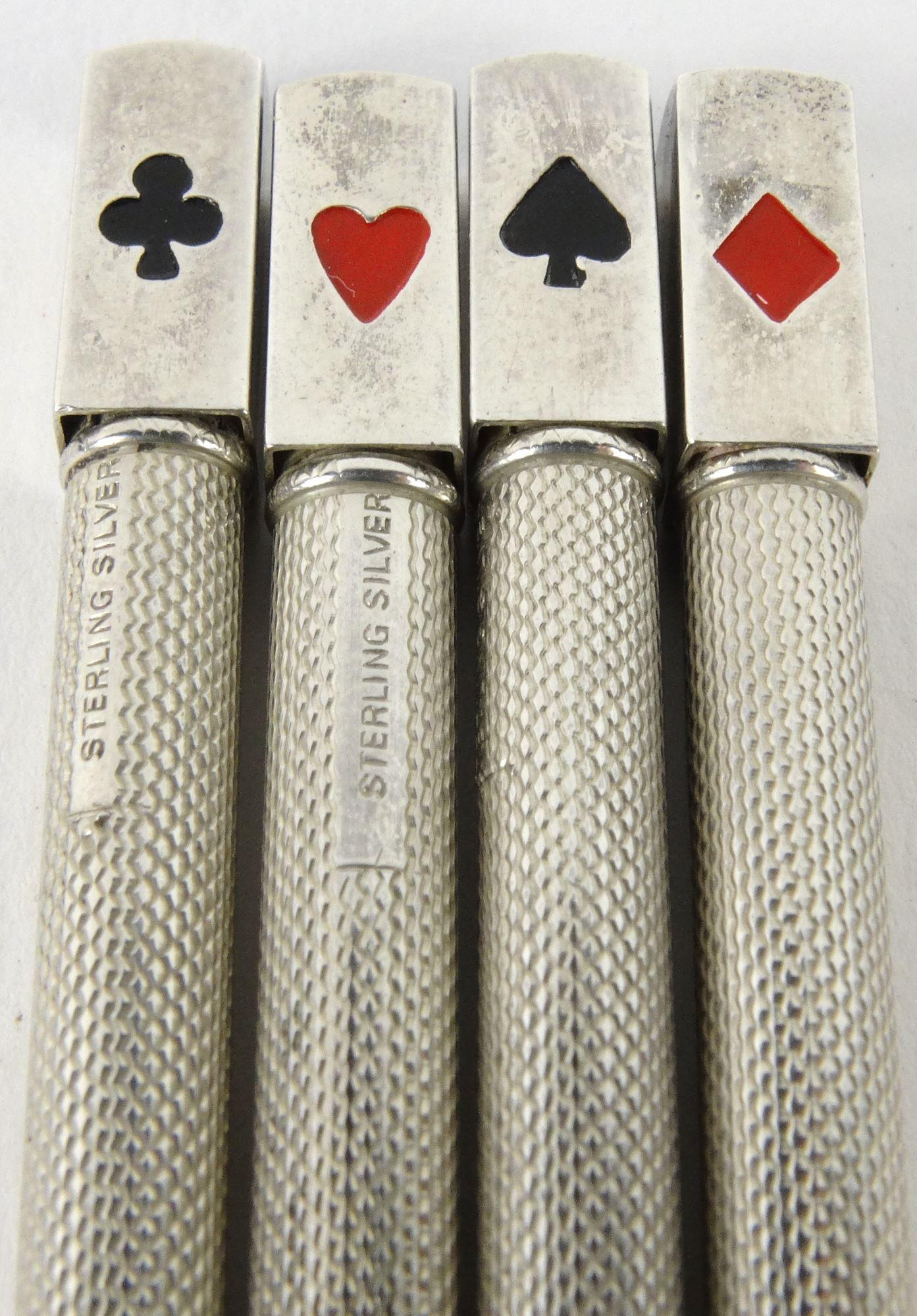 Cased set of four sterling silver and enamel bridge pencils, marked 'Sterling Silver', each pencil - Image 4 of 5