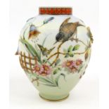 Victorian opaline glass vase relief decorated and hand painted with bird and floral decoration, 27cm