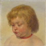 Unframed oil onto canvas portrait of a young girl with beaded necklace, stamped TH JDLER FRELBURG