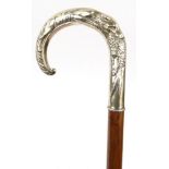 Wooden walking stick with dog design silver handle, hallmarked Birmingham 1987, 88cm long :For