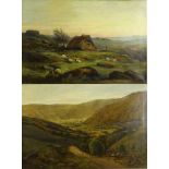 R. Boyes - Pair Victorian oil onto canvas countryside scenes including sheep, cottages, mountains,