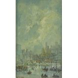 Oil onto canvas harbour scene, possibly Montreal, Canada, bearing an indistinct signature and