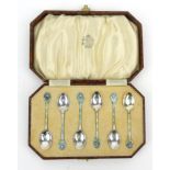 Cased set of six Art Nouveau silver and enamel teaspoons with flower terminals, T&S Birmingham