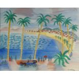 After Raoul Dufy - Watercolour of people on a promenade, mounted in a wooden frame, 76cm x 60cm