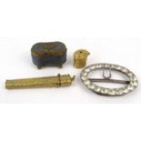 Victorian sewing interest items comprising- gilt brass needlecase, similar hinged pot and cover,