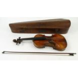 Old wooden cased violin with bow, the back 36cm long :For Condition Reports please visit www.