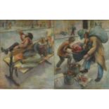 Pair of oil onto canvas views of street scenes after Norman Cornish. signed, framed, each 80cm x