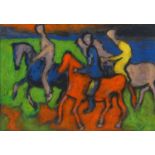 Oil onto canvas abstract composition view of figures on horse backs, bearing a indistinct signature,