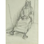 Martyn Lack 73 - Pencil sketch of an Egyptian man seated, titled 'The Night Guard', mounted and