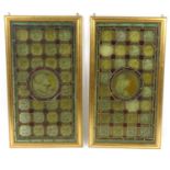 Pair of Aesthetic leaded stained glass windows hand painted with panels of flowers and with portrait