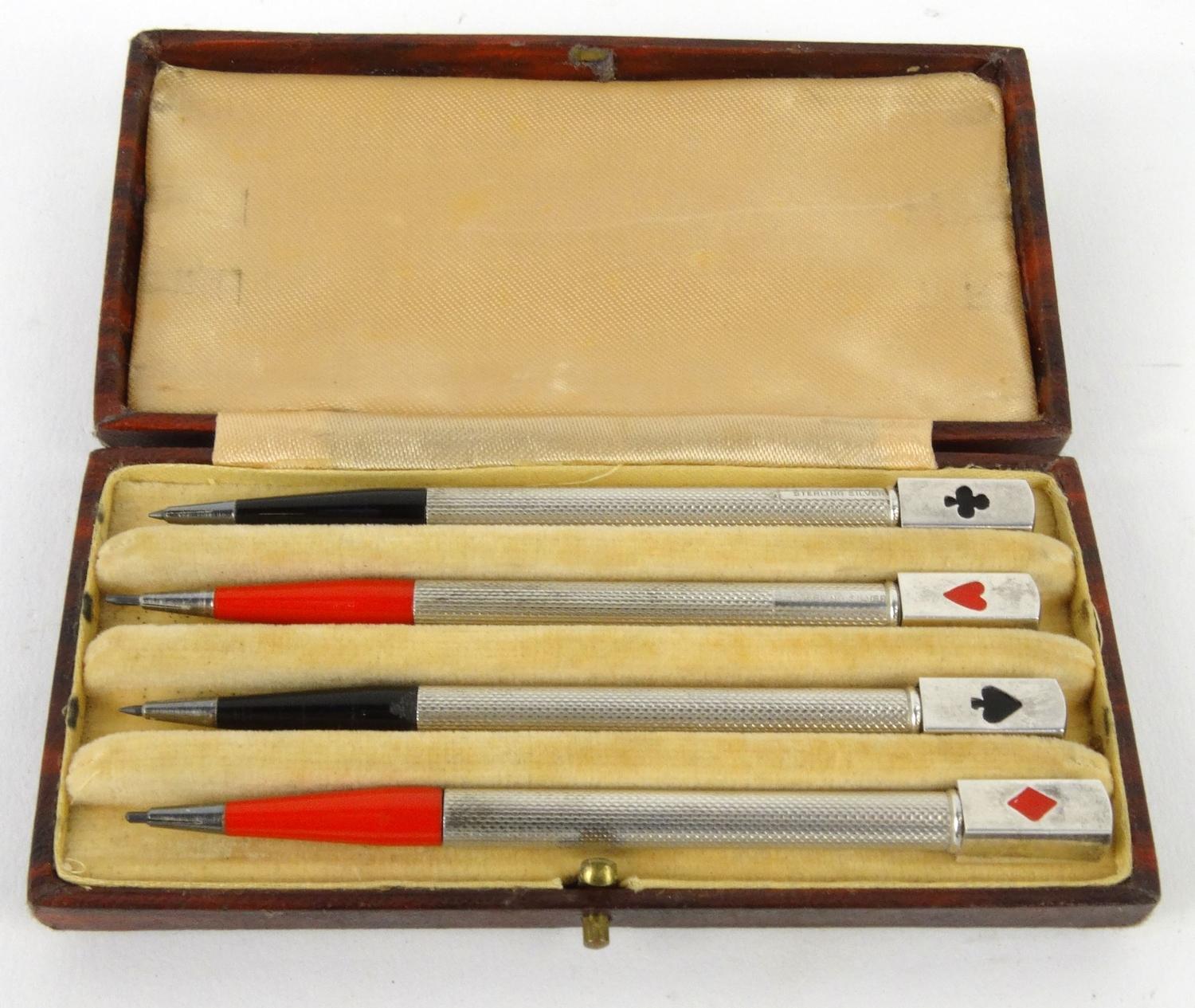 Cased set of four sterling silver and enamel bridge pencils, marked 'Sterling Silver', each pencil - Image 5 of 5