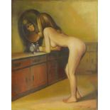 Gravakov ? - Unframed oil onto canvas of a nude female looking into a mirror, 50cm x 40cm :For