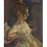 Unsigned oil onto canvas laid onto board view of a nude female seated in an interior, two paper