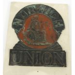 Tin Norwich Union Insurance fire plaque mounted on a wooden board, 27cm x 22cm :For Condition