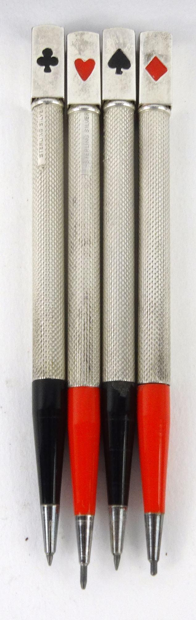 Cased set of four sterling silver and enamel bridge pencils, marked 'Sterling Silver', each pencil - Image 3 of 5