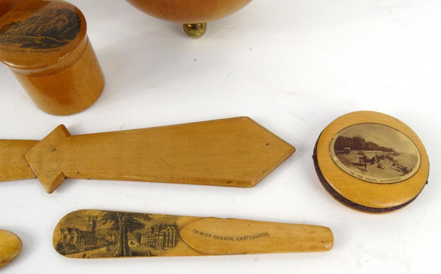 Selection of wooden Mauchlin ware including sewing items, letter openers, string box, etc, the - Image 2 of 4