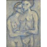 Oil onto canvas laid onto board view of two figures embracing, bearing a signature and a