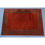 Red ground Super Keshan Egyptian woollen rug with multiple boarders, 290cm x 200cm : For Condition