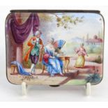 Enamel trinket box hand painted with lovers scenes and with chased gilt silver metal edges, 18cm x