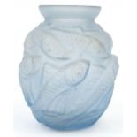 French blue frosted glass vase moulded with fish, 'Made in France' etched mark to base, 14cm high :