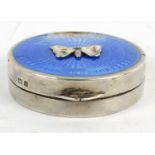 Circular silver blue guilloche enamel pill box with butterfly to the lid, Jieves Ltd, Birmingham