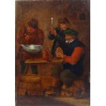 Follower of Adriaen Brouwer - Oil onto board of a tavern scene, 30cm x 21cm :For Condition Reports