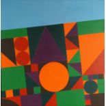 Oil onto canvas abstract composition of cubes, circles and triangles, bearing an indistinct