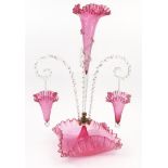 Victorian cranberry epergne, 55cm high :For Condition Reports please visit www.eastbourneauction.