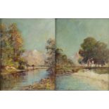 Pair of Russian School oil onto board views of a woodland, stream and mountains, bearing a