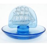 Lalique blue stained glass pin tray decorated with a ship in full sail, etched 'Lalique France' mark
