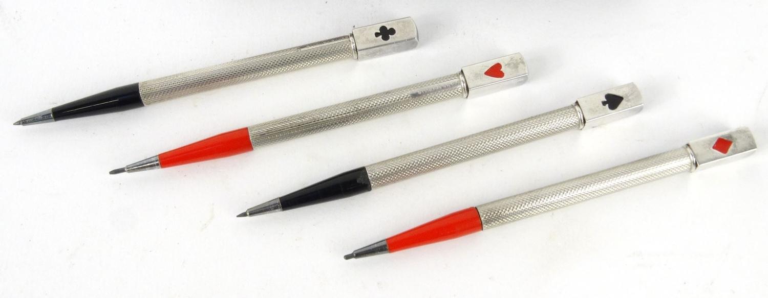 Cased set of four sterling silver and enamel bridge pencils, marked 'Sterling Silver', each pencil - Image 2 of 5