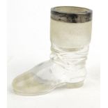 Novelty glass boot match striker with silver collar, H.W Ltd Birmingham 1900-01, 7cm high :For