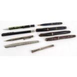 Selection of fountain pens and propelling pencils including, S Mordan & co silver propelling pencil,