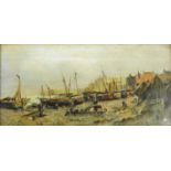 H. Rowe - Victorian oil onto canvas of a beachside scene, mounted in a gilt frame, 34cm x 16cm