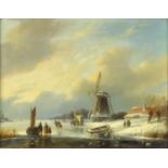 Oil onto board titled 'Dutch Winter Landscape', bearing  signature S.L. Verveer and a label to the