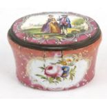 Enamel trinket box with gilt metal mounts decorated with a lady and gentleman and floral panels, 4.