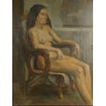 Oil onto panel view of a nude lady seated in an interior, bearing a monogram GP, framed, 46cm x 59cm