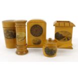 Selection of wooden Mauchlin ware including moneyboxes, fern glass drinking glass, all with