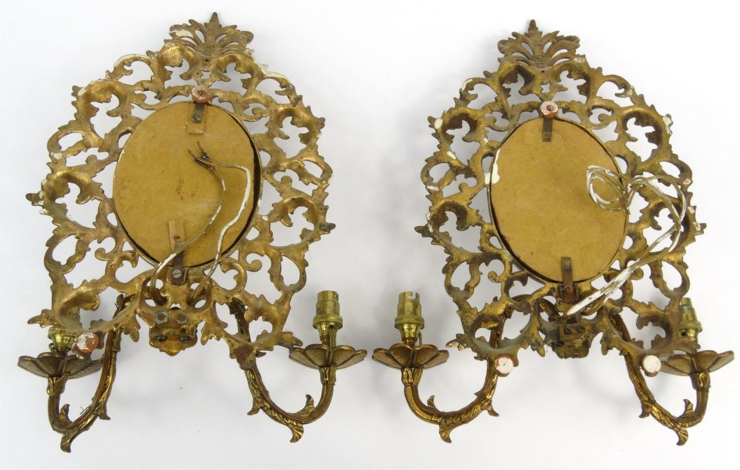 Pair of Victorian gilt brass girondelle mirrors with floral scrolls  each 35cm high :For Condition - Image 3 of 3