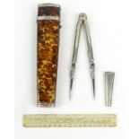 Tortoiseshell silver mounted drawing case, the ivory ruler for W. & T. Gilbert, London, the top